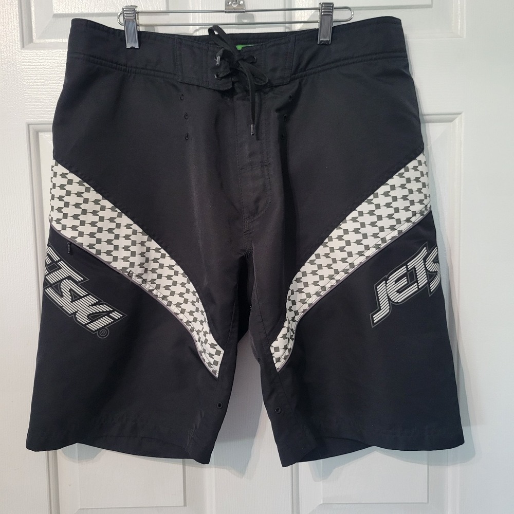 Kawasaki Jet Ski Board Shorts Mens 34 Black Surf Swim Wakeboard PWC Zip Pocket
